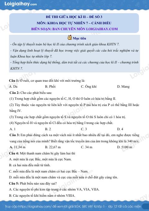 Đề thi giữa kì 2 KHTN 7 Cánh diều - Đề số 3